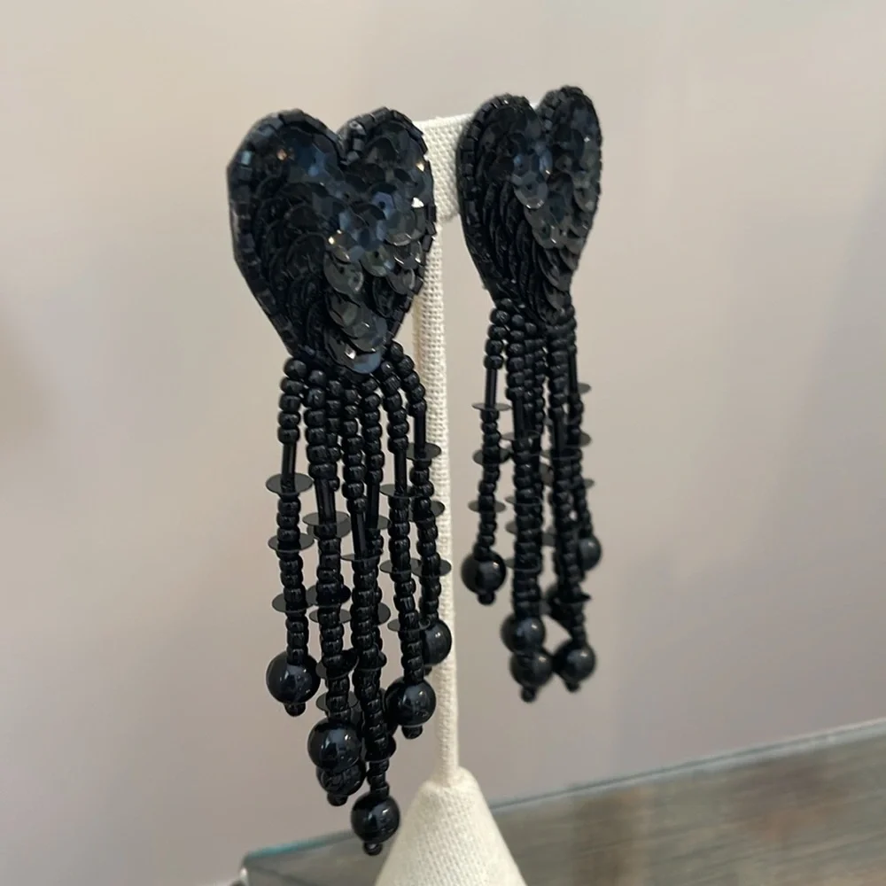 Vintage 80’s Black Sequin & Beaded Heart Clip Earrings